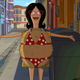 Linda stands in an empty alley while wearing a burger costume with red and white bikini over it.